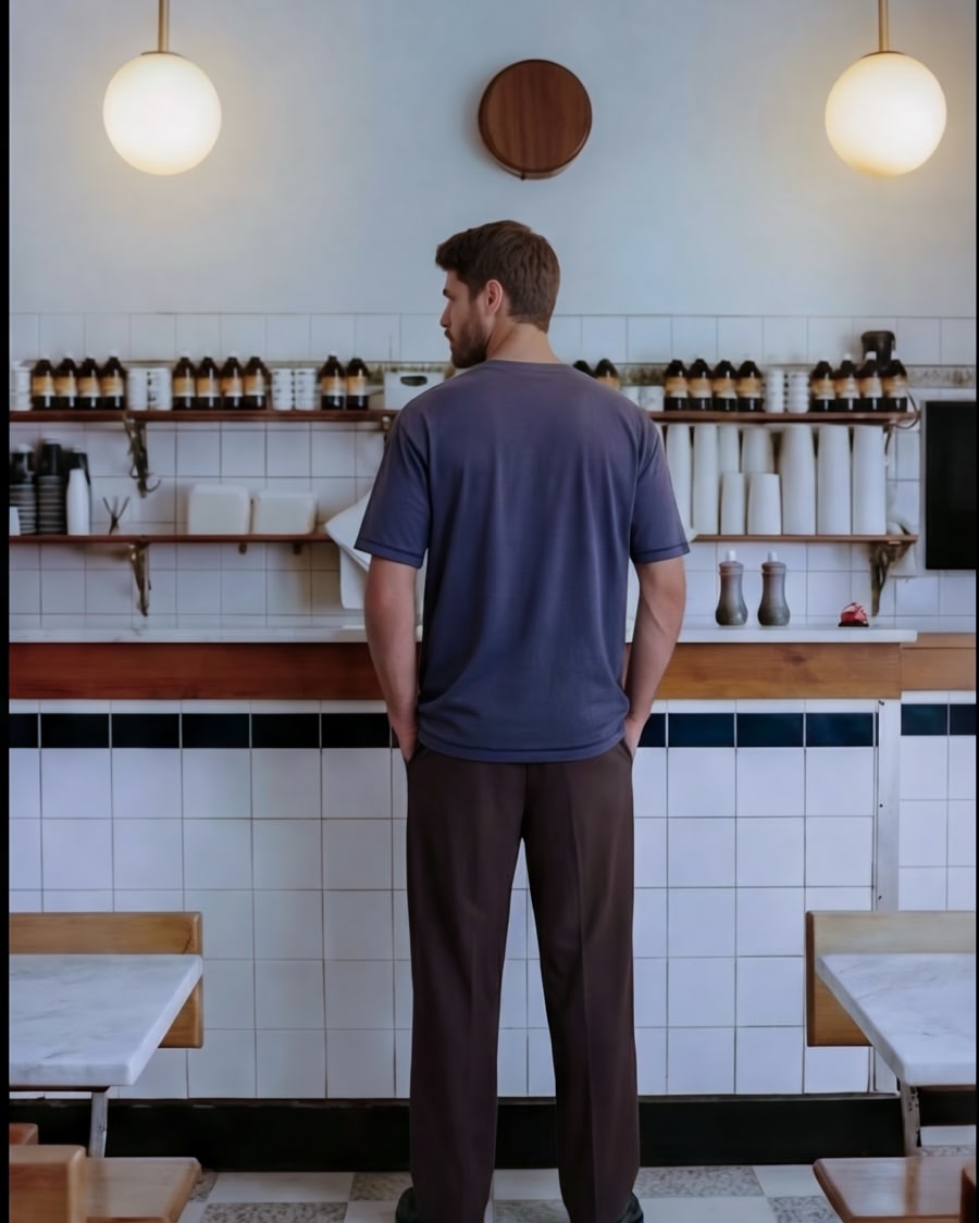 365.APParel Basic T-shirt Graphite — man, full body back view, facing bar counter, café interior, indoor