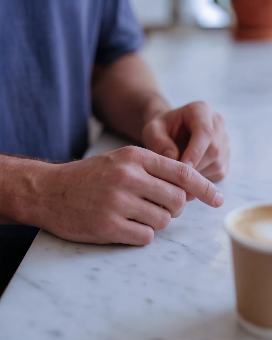 365.APParel Basic T-shirt Graphite — man, close-up of hands on marble counter, coffee cup nearby, café interior, indoor