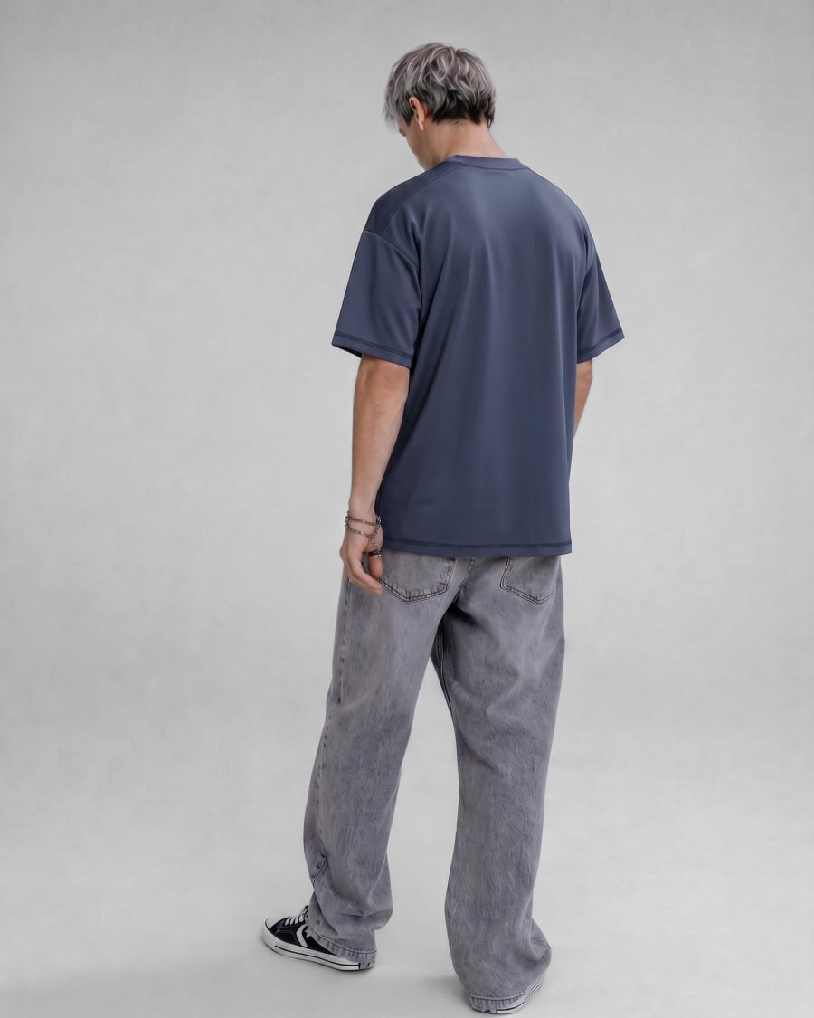 365.APParel Basic T-shirt Graphite — man, full body back view, three-quarter turn, studio