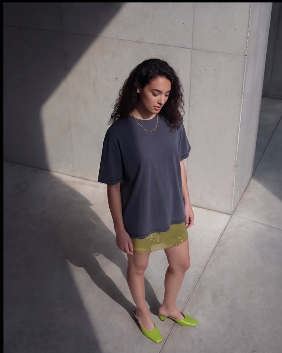 365.APParel Basic T-shirt Graphite — woman, full body front, looking down, concrete floor, outdoor