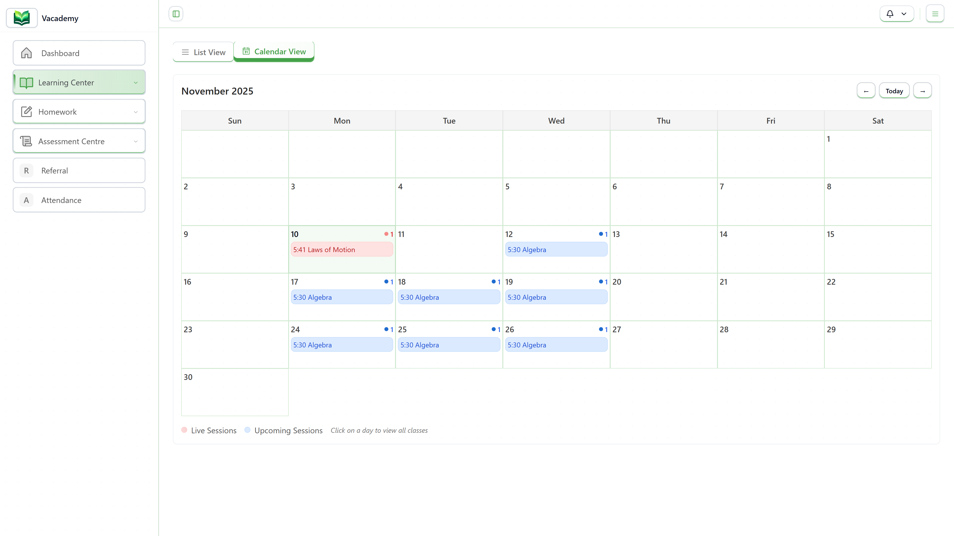 Learner calendar view showing scheduled classes