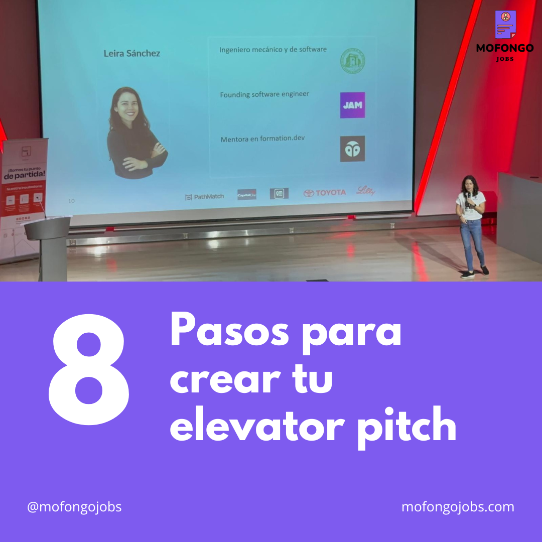 Imagen de Leira dando un pitch con un ppt slide detrás de ella