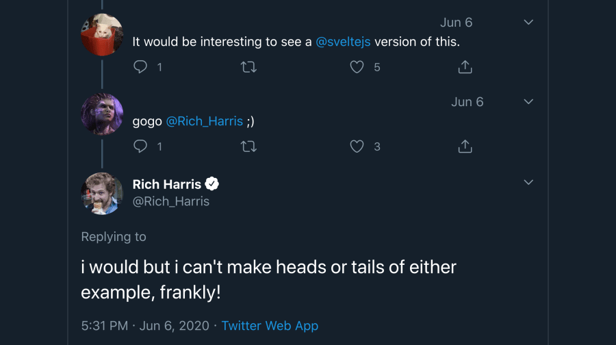 Rich Harris tweeting that he can't make heads or tails of a Vue component component