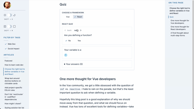 Choose the right tool to define variables in Vue and React