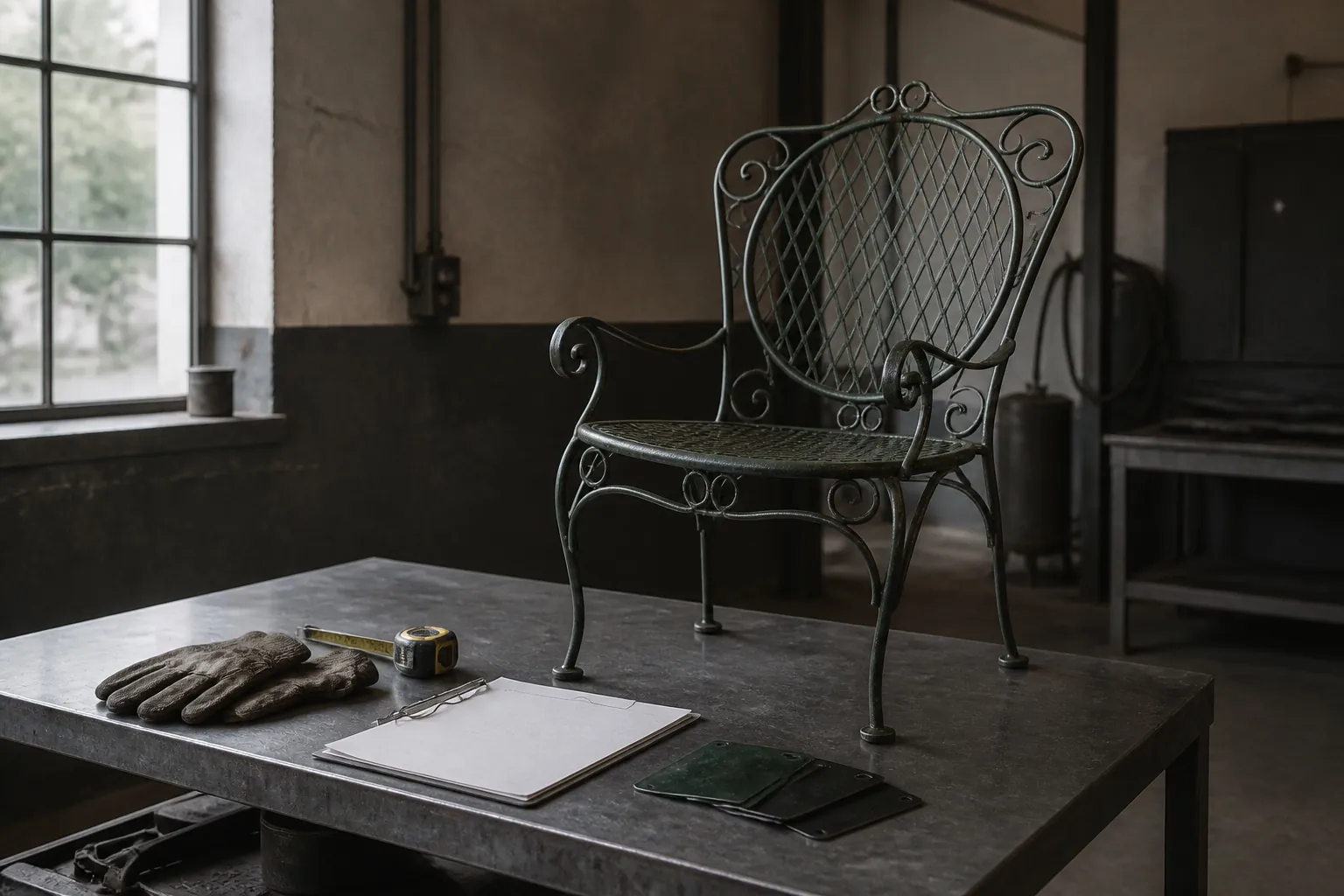 A metal patio chair, project worksheet and finish samples on a workshop table