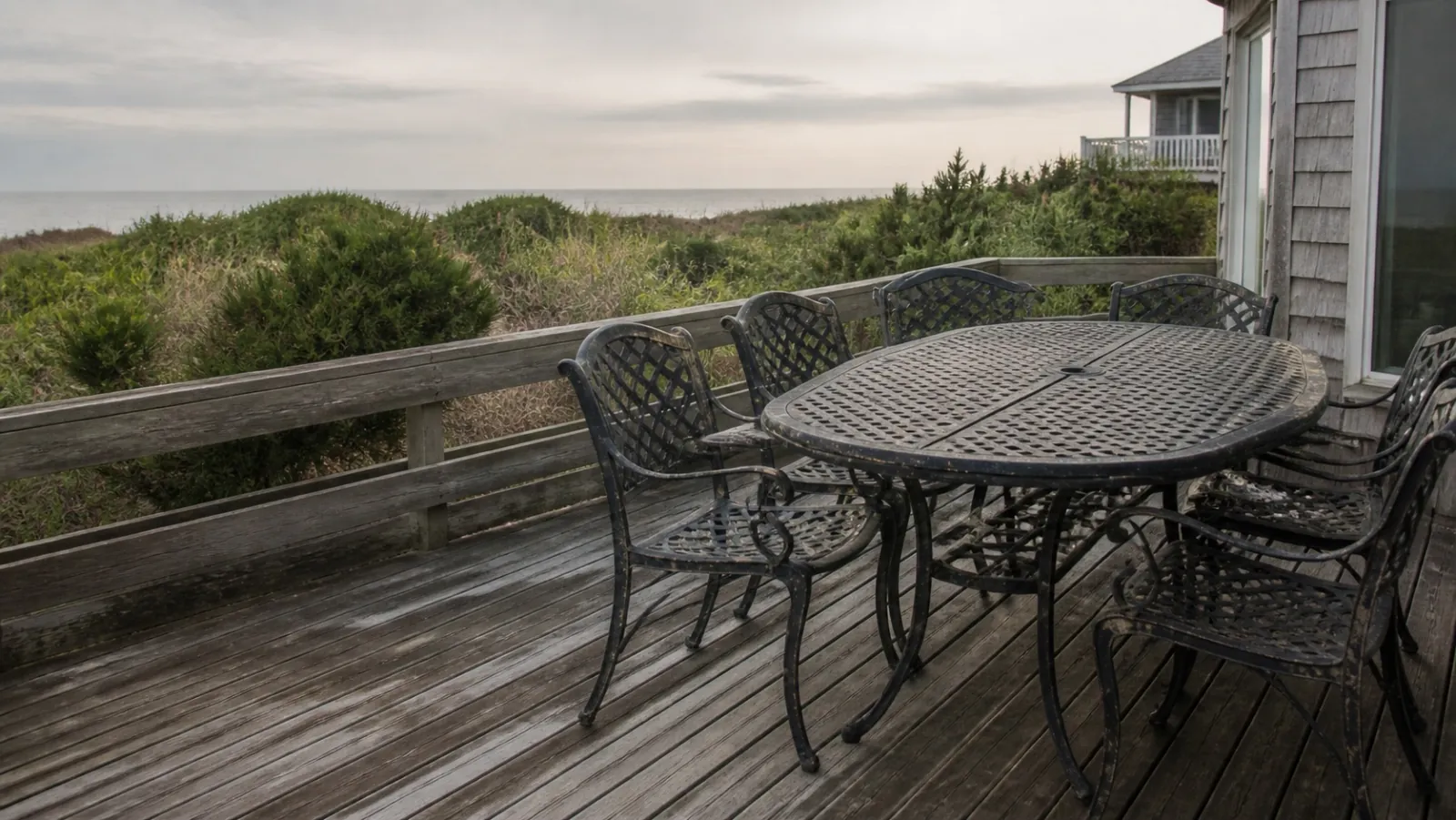 Weathered metal patio furniture on a Jersey Shore deck