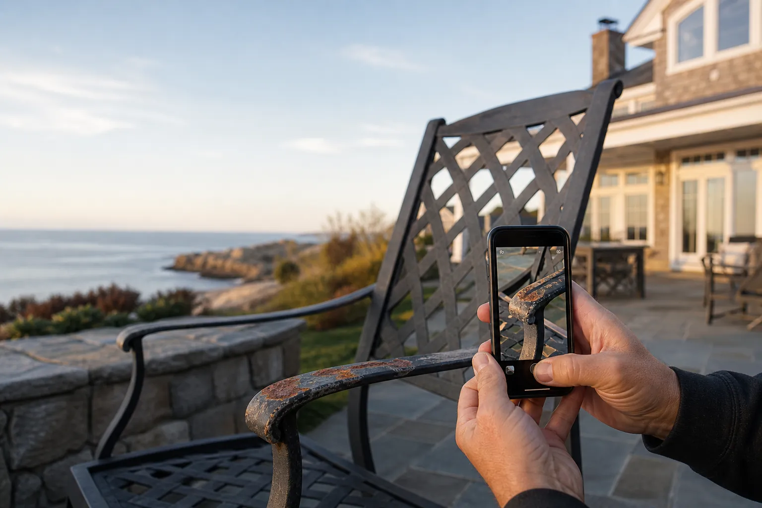A person photographing visible wear on a metal patio chair