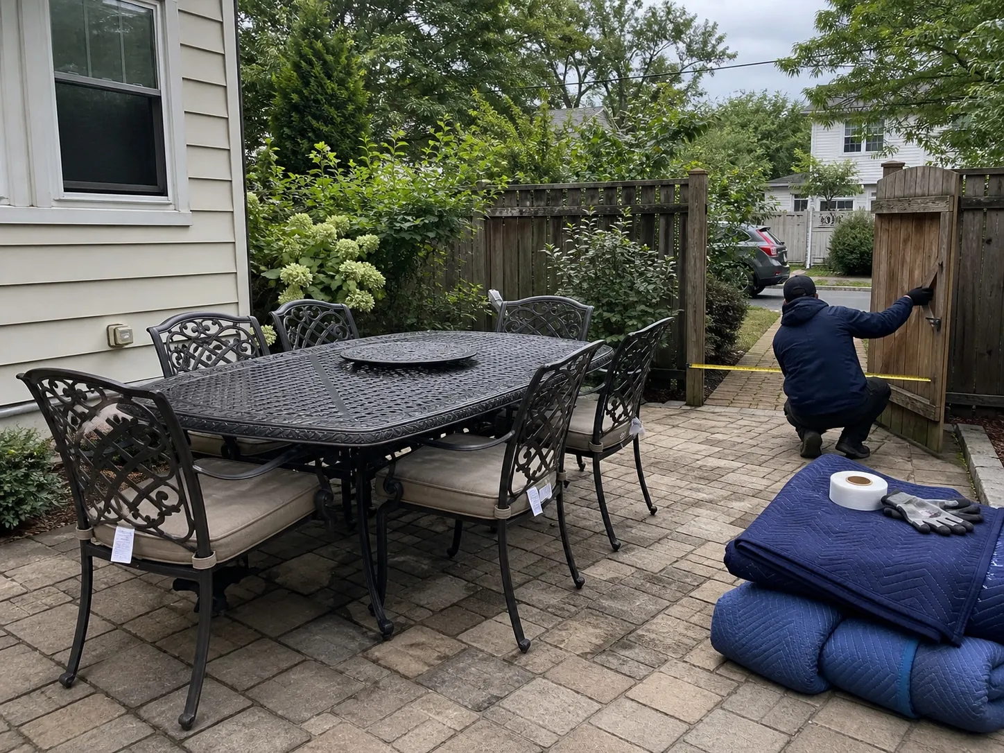 A patio furniture set, moving blankets and a worker measuring a narrow backyard gate