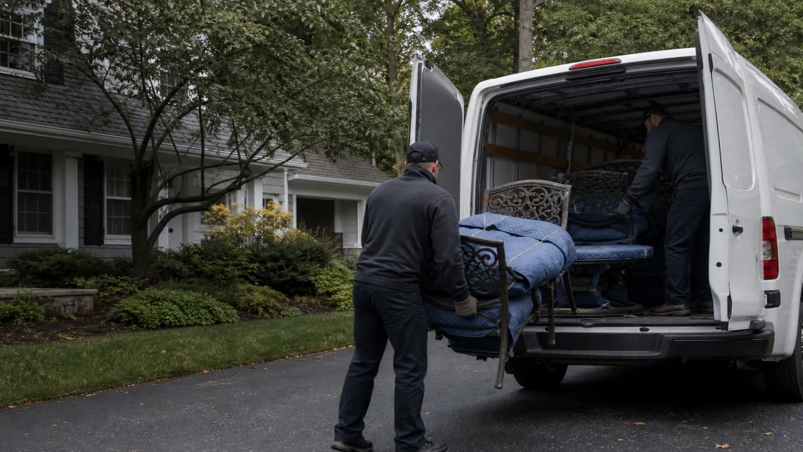 Workers loading protected metal patio furniture into an enclosed van at a New Jersey home