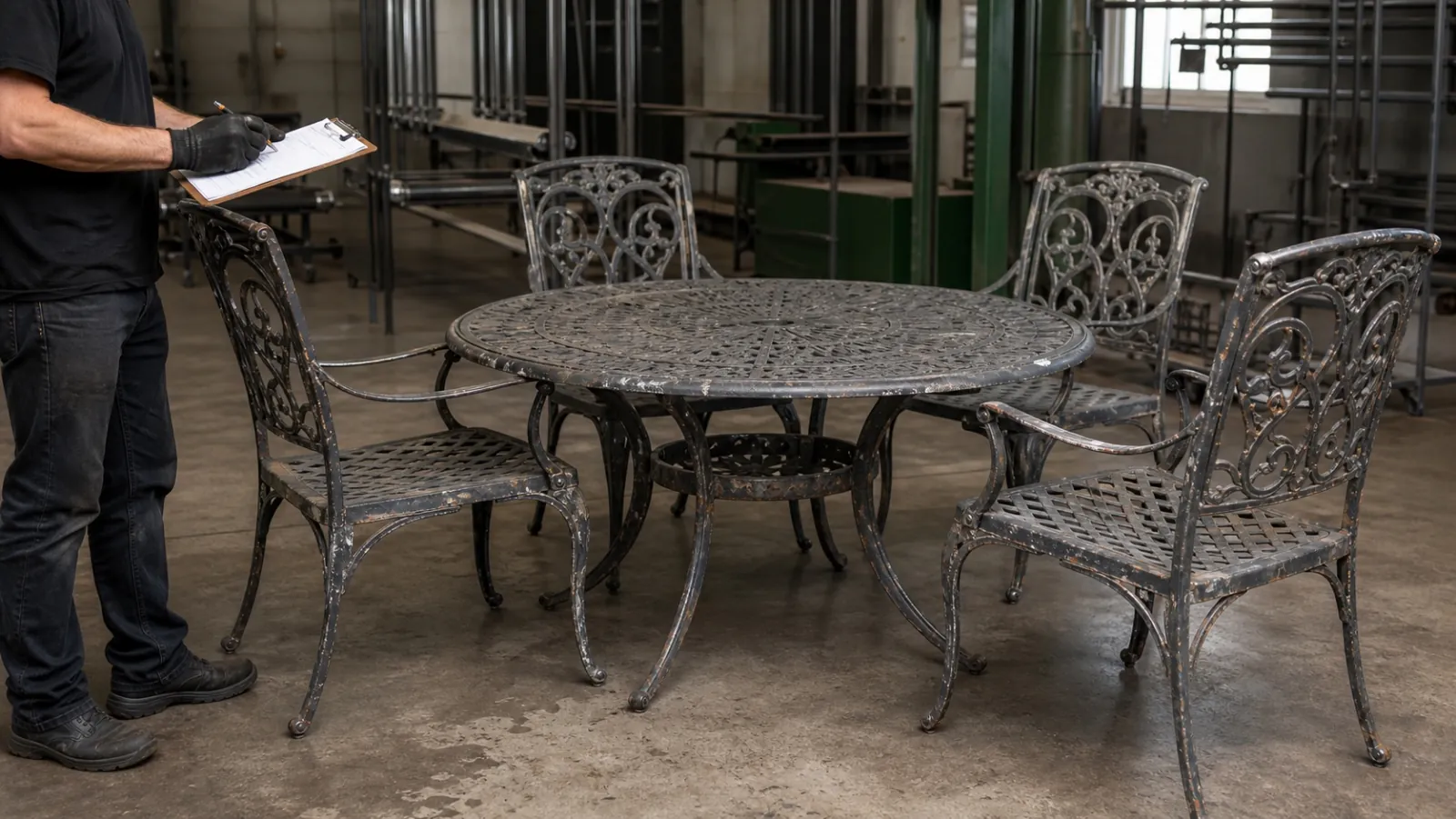 A complete worn metal patio dining set being assessed in a workshop