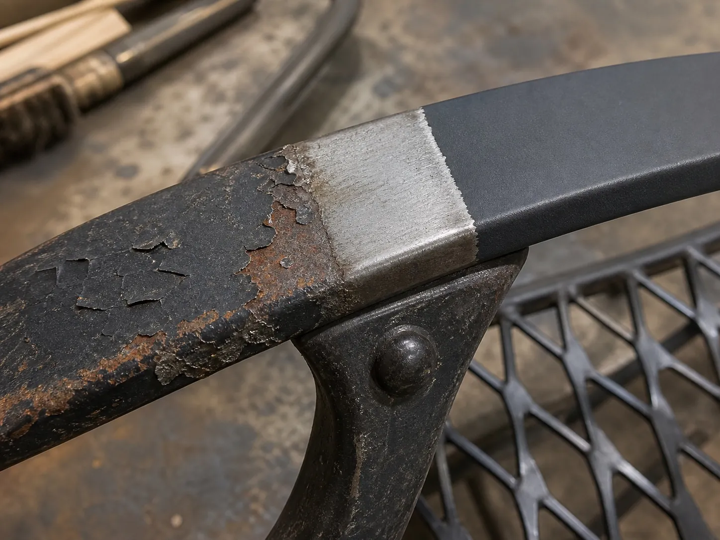 Close-up showing failing coating, prepared bare metal and a separate smooth finish area