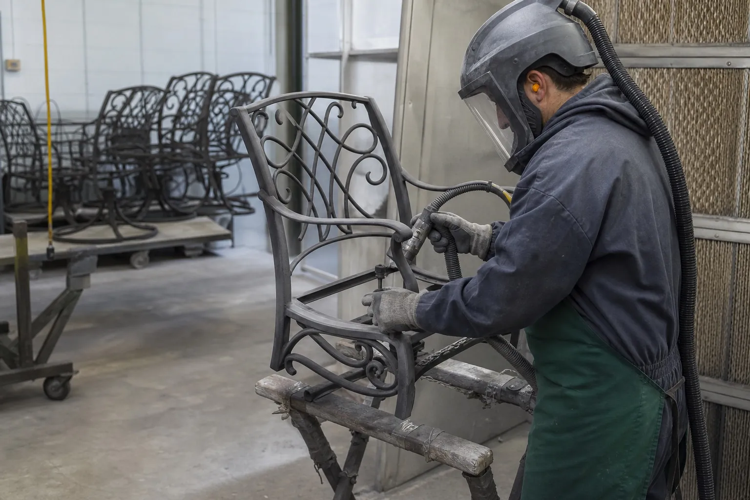 Metal patio furniture being prepared in a workshop