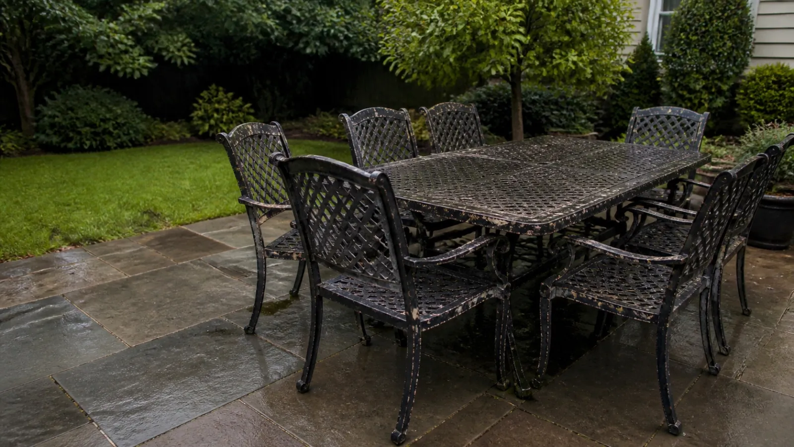 A complete weathered metal patio dining set with peeling coating and visible rust