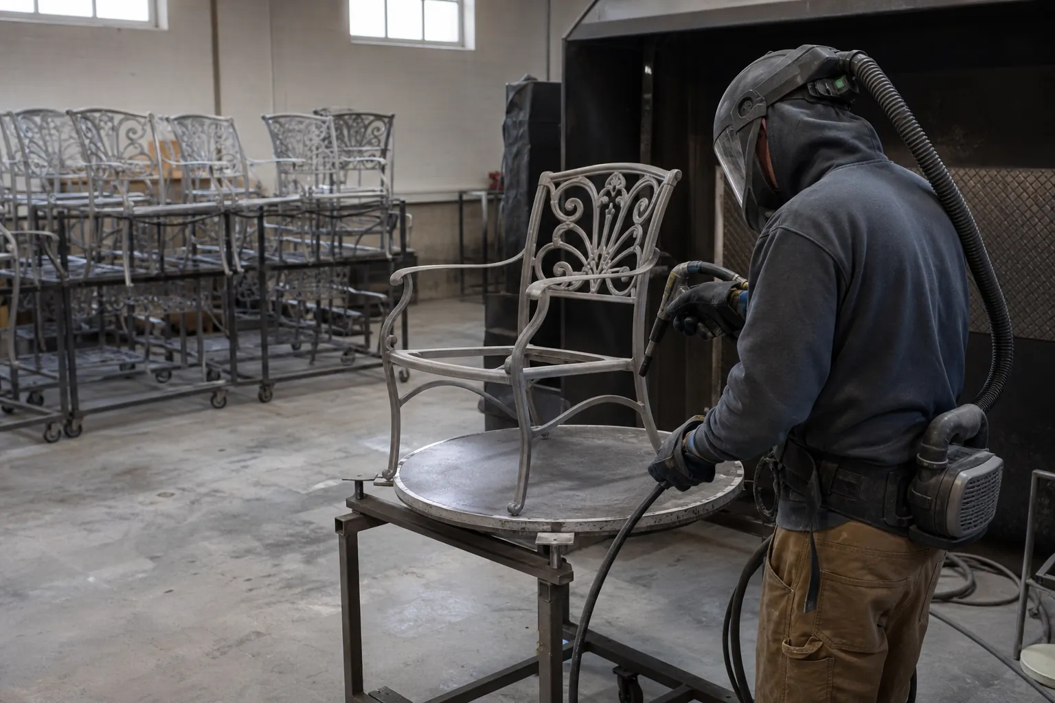 Workshop preparation on metal patio furniture
