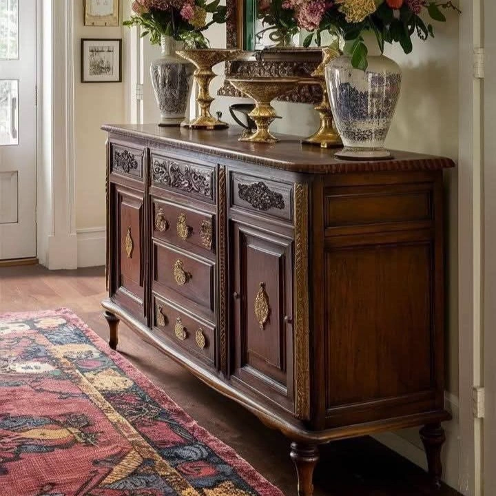 Ornate Mirror-Paneled Black Sideboard