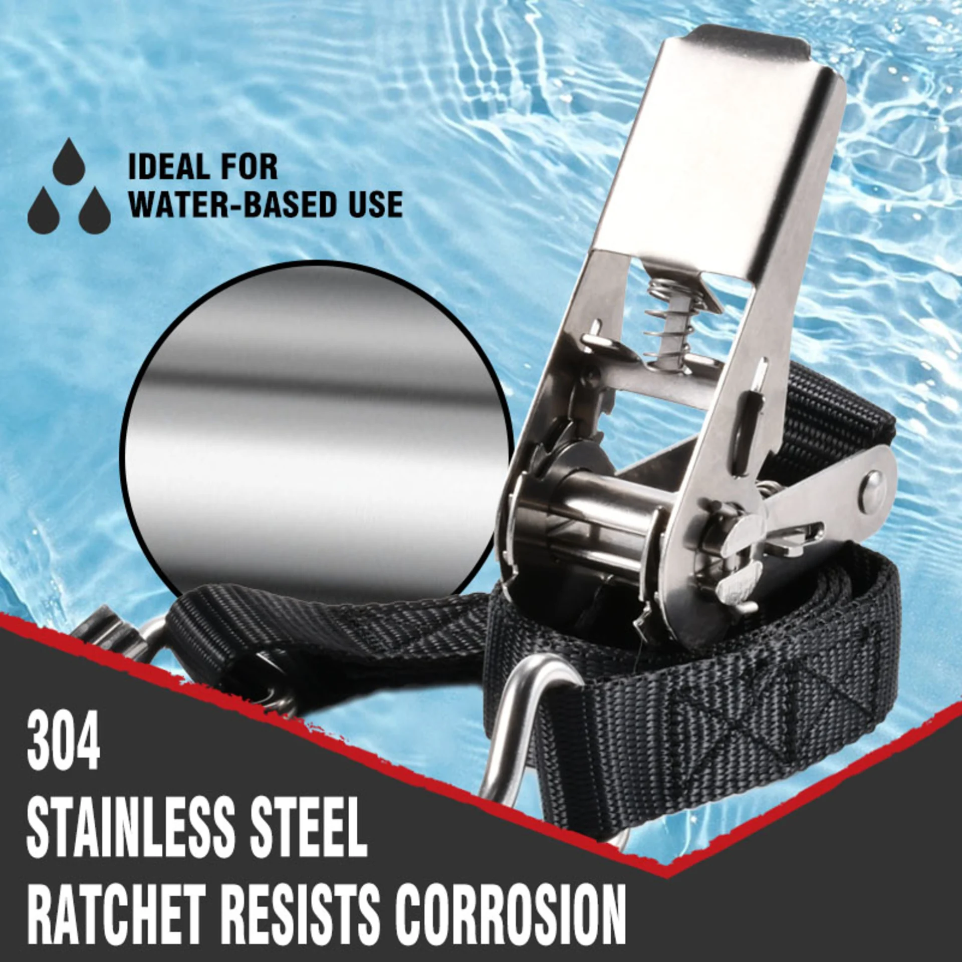 1" 304 Stainless Steel Ratchet Strap, Double J Hook - 1760 lbs BS
