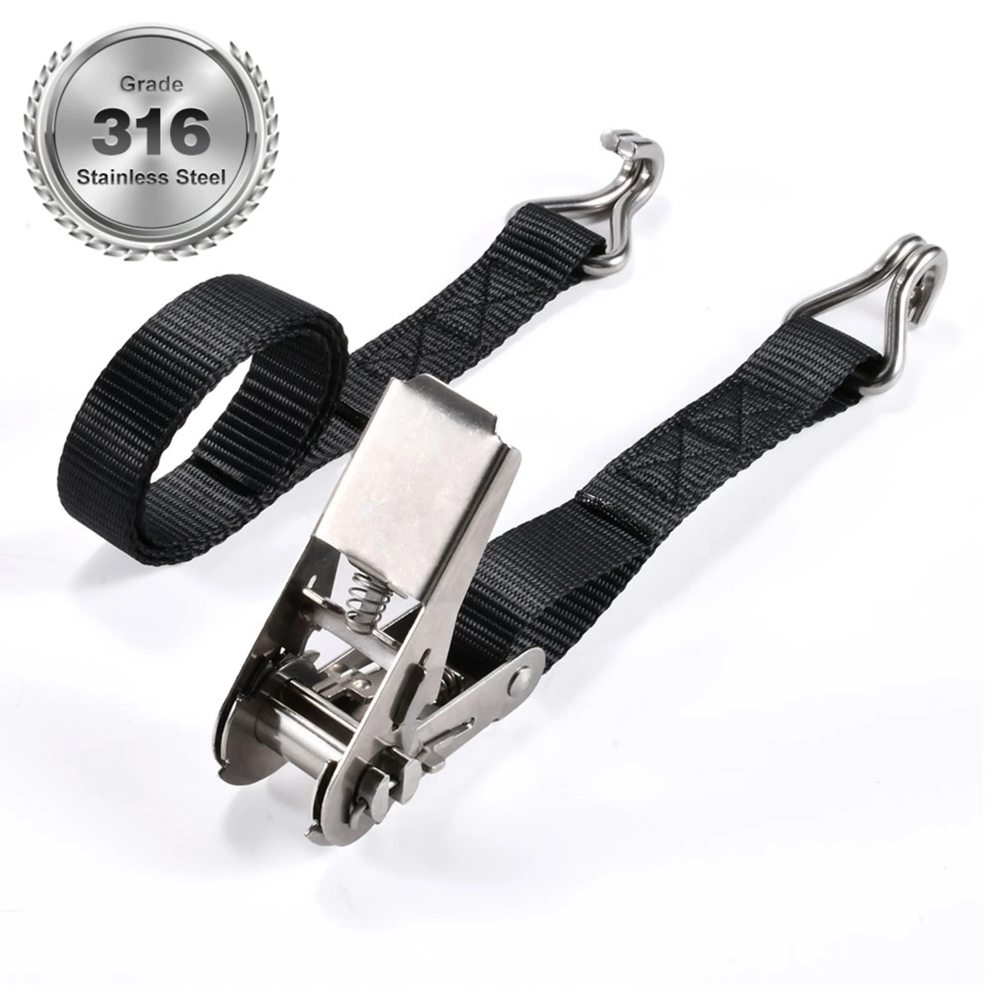 25mm 316 Stainless Steel Ratchet Strap, Double J Hook - 800kg MBS