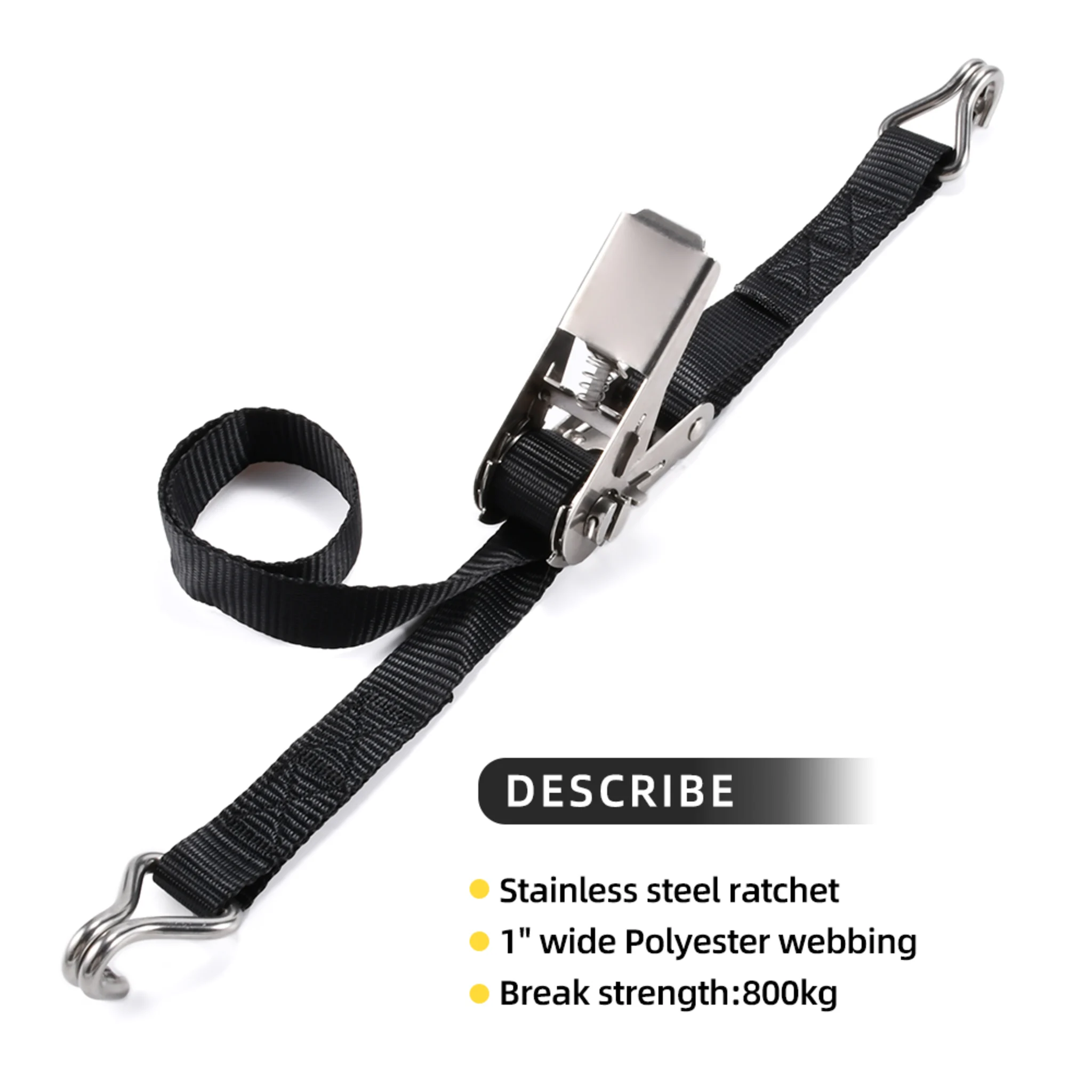 1" 304 Stainless Steel Ratchet Strap, Double J Hook - 1760 lbs BS