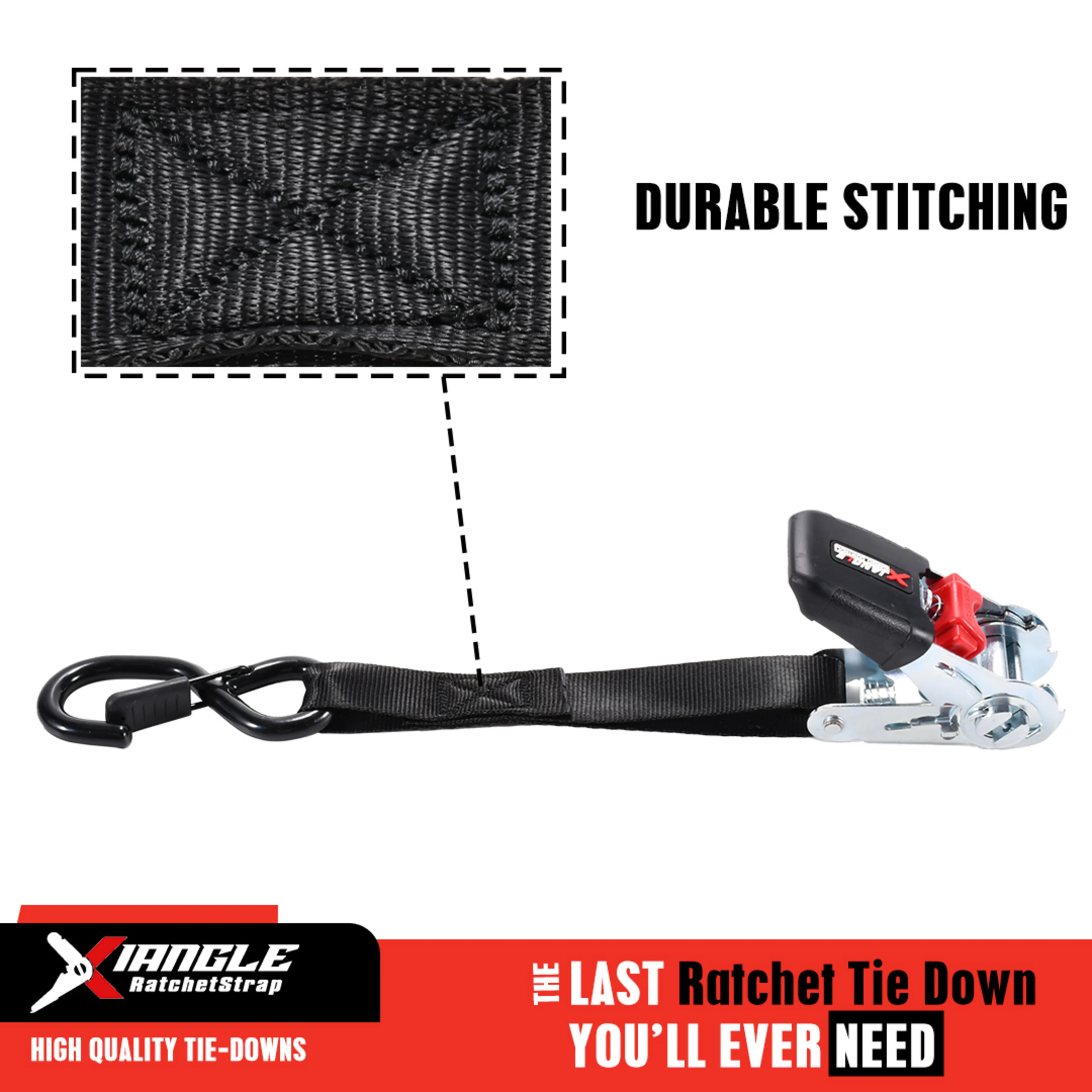 25mm Ratchet Strap with Leather Logo Rubber Handle & S-Hooks