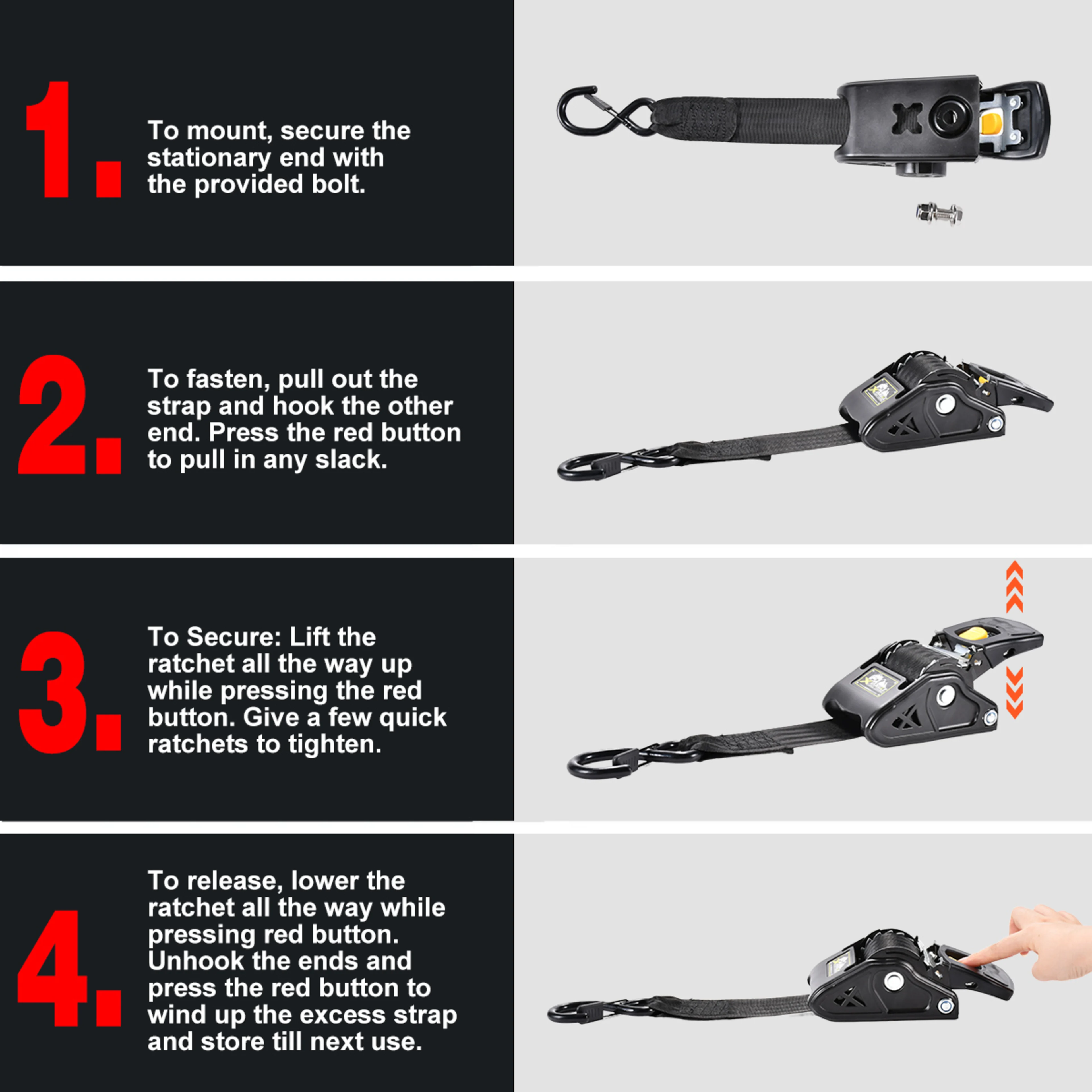 50mm x 3m Retractable Transom Tie-Down Straps - 800kg Breaking Strength