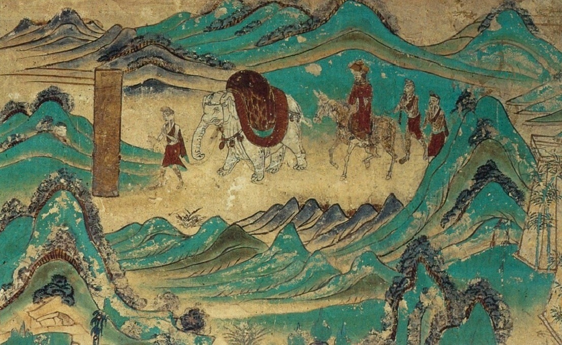 Detail of Xuanzang returning from India, from the Dunhuang mural, Cave 103