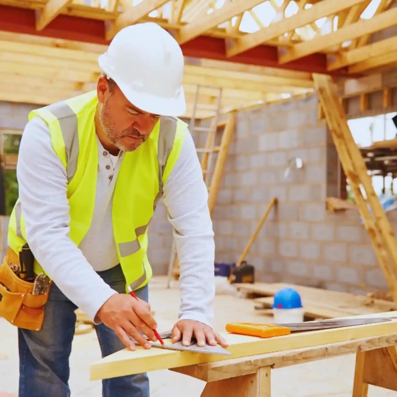 Carpenter working on custom woodwork using a measuring tool