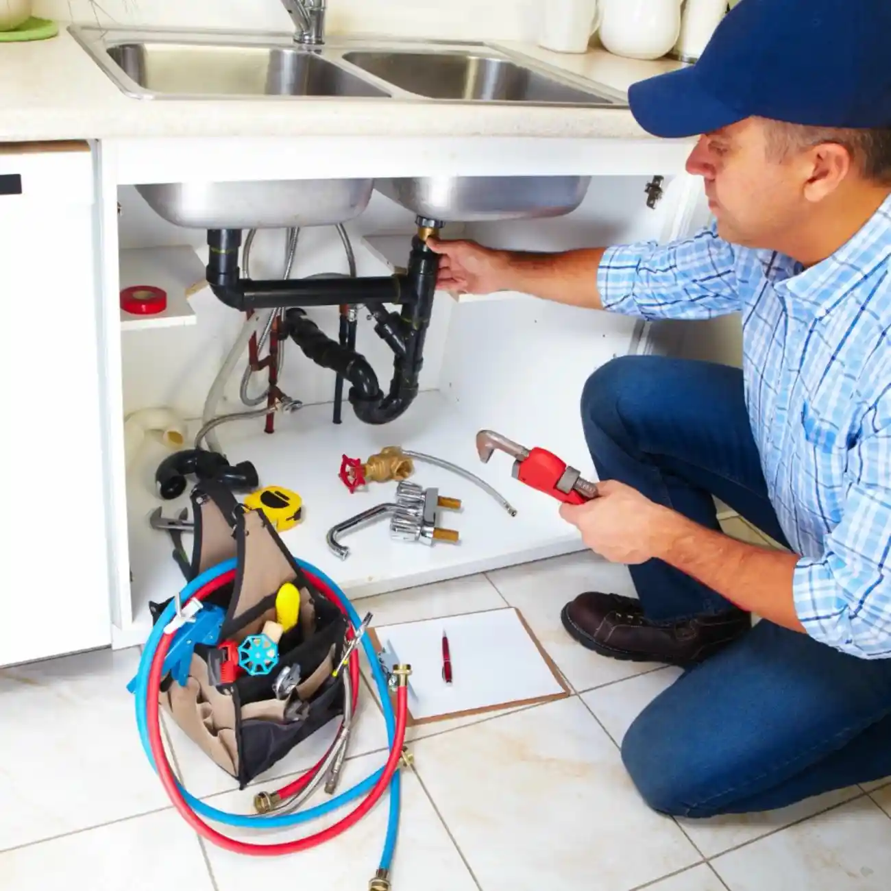 Plumber fixing a pipe under a kitchen sink with tools