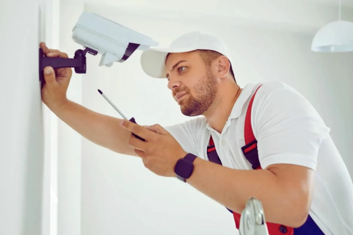 Security technician installing a CCTV camera on a wall