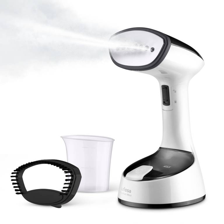 Ufesa Black Mist Plancha Vertical de Vapor Plegable, Viaje, 1470W, Con Cepillo para Tejidos Gruesos, Listo en 25s, Depósito 150 ml