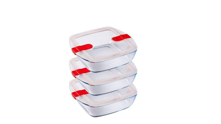 Pyrex Cook & Heat Cook & Heat – Juego de 3 alimentos cuadrados de cristal 1 L con tapa hermética