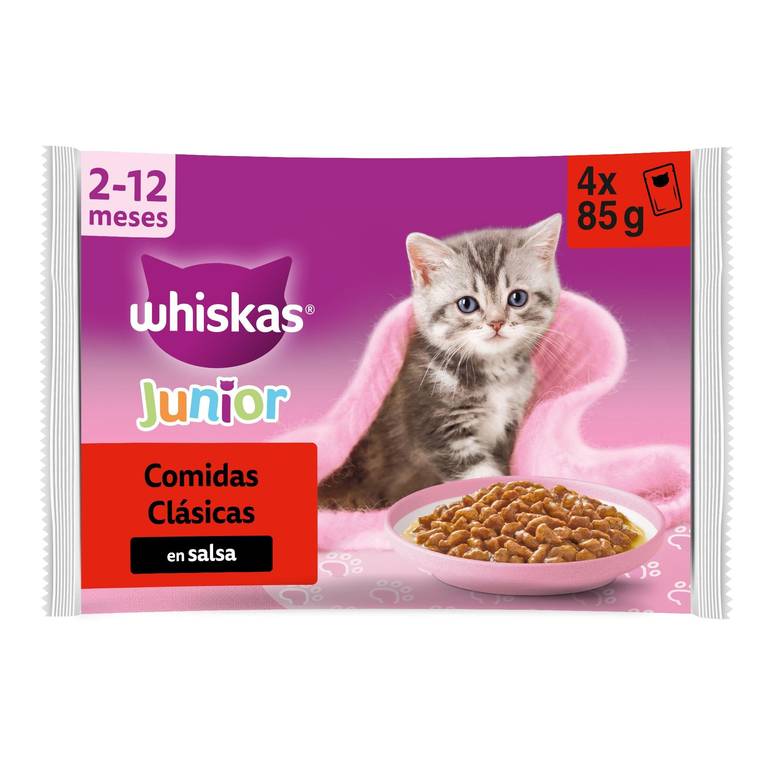 WHISKAS Duo Comida húmeda en Salsa Gatos júnior Comb. clásicas – 13 x 4 bolsitas x 85g (Con suscríbete y ahorra)