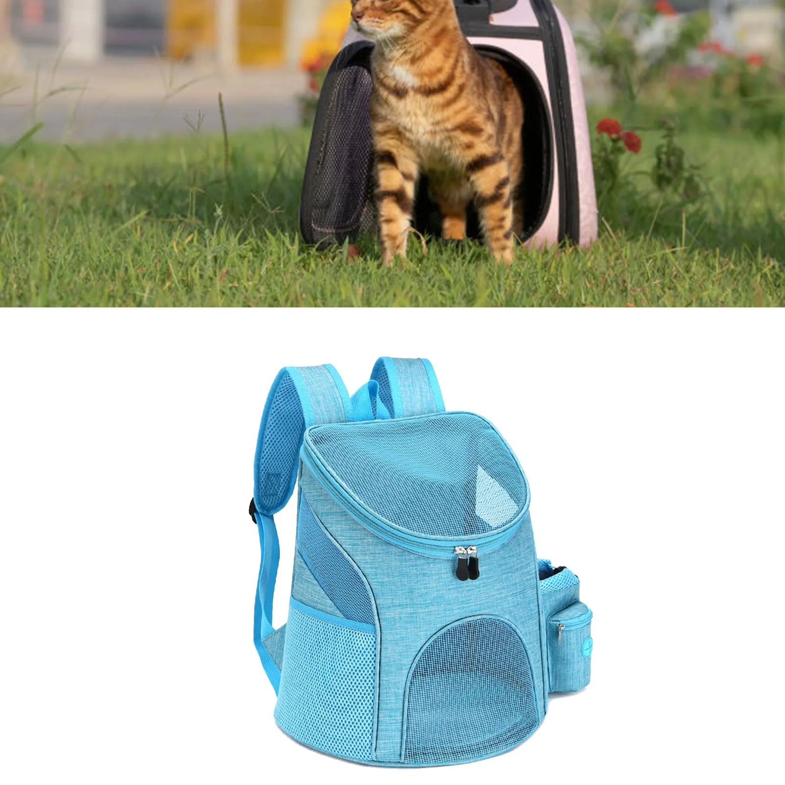 Mochila transportadora para perros tamaño S azul claro, nailon, poliéster, malla transpirable, plegable, portátil con bolsillo para aperitivos para mascotas pequeñas