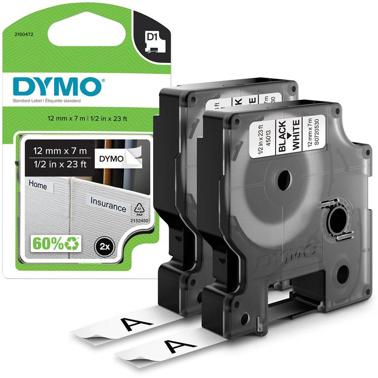 DYMO D1 etiquetas auténticas | impresión negra sobre fondo blanco | 12 mm × 7 m | 2 Unidades