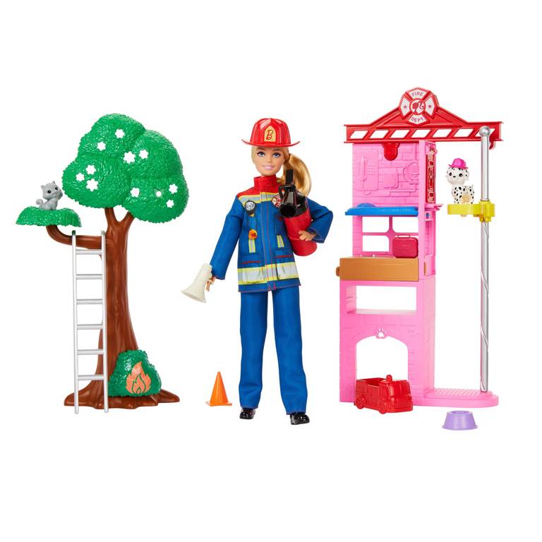 Barbie Tú Puedes Ser Muñeca bombera con estación de bomberos, mascotas y accesorios para la lucha contra incendios, juguete +3 años(HRG55)