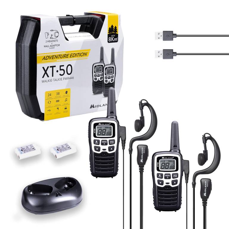 Midland XT50 Adventure – Pack de 2 walkie-talkies PMR446 + auriculares, baterías, cargador doble y maletín