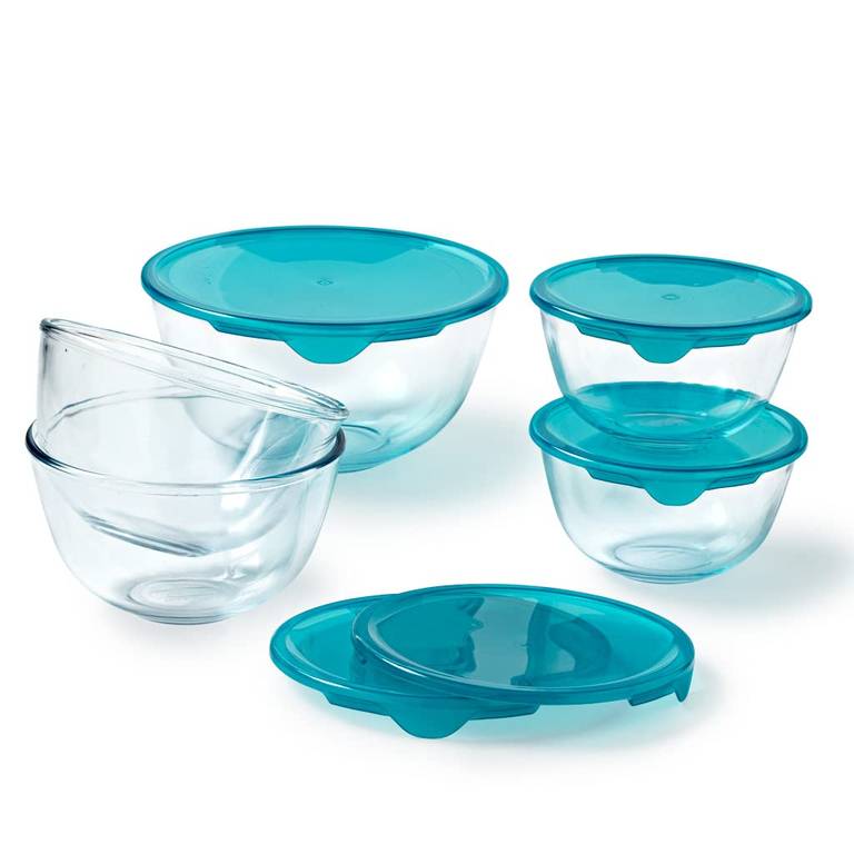 Set de 5 tazones con tapa – PYREX -1x 0,5L + 2x 1L + 2x 2L