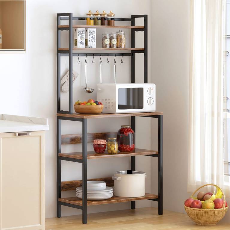 Estantería de cocina de 5 niveles con 8 ganchos para vajilla estantería de almacenamiento de madera y estructura de acero