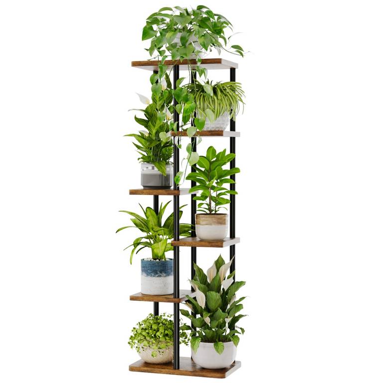 Bamworld Soporte alto para plantas de interior de 6 niveles, estante de metal marrón, soporte grande para plantas múltiples macetas