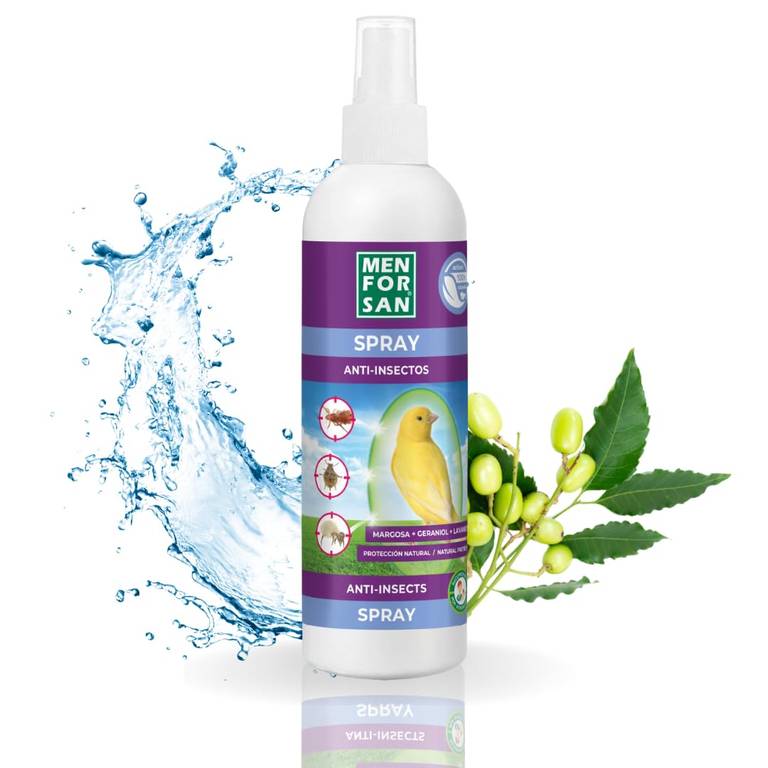MENFORSAN Spray Anti-Insectos con Margosa, Geraniol y Lavandino para Aves | Protege a tu pájaro de Cualquier Insecto | 250 ml