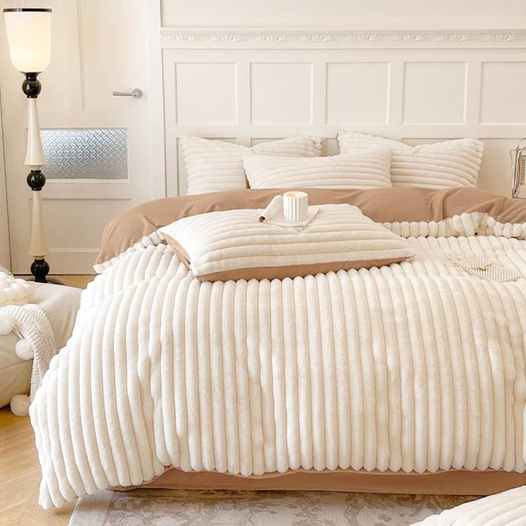 Juego de ropa de cama de felpa de 200 x 220 cm, color blanco y marrón, para invierno