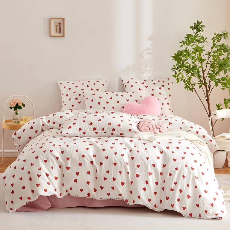 Juego de ropa de cama doble de muselina de algodón 135 x 200 cm, diseño de corazones, color rojo y blanco