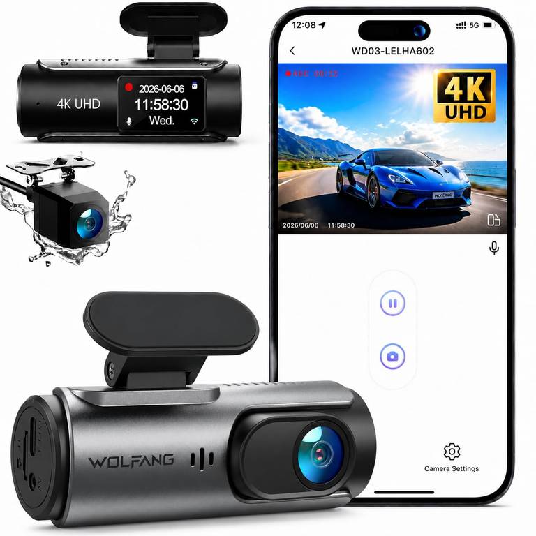 Cámara de Coche WOLFANG 4K UHD Delantera y Trasera (Doble lente 170°, monitor aparcamiento 24h, sensor G, grabación bucle, en Amazon)