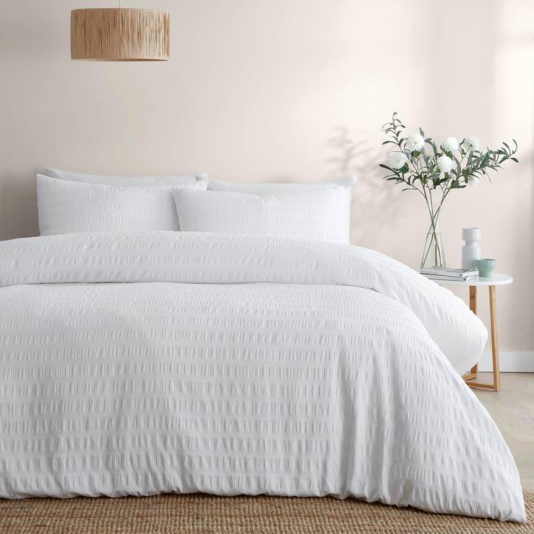 Serene Lindly – Funda nórdica de sirsaca Blanca, tamaño Individual, 140 x 200 cm, Textura Suave al Tacto, diseño de Rayas ferroviaria