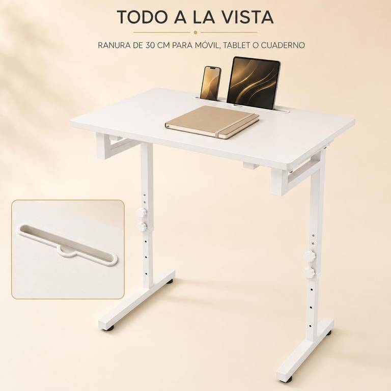 Mesa Portátil para Sofá y Cama, Escritorio Plegable Blanco Regulable en Altura, con Ranura para Móvil o Tablet, Mesa Auxiliar de 62 x 38 cm