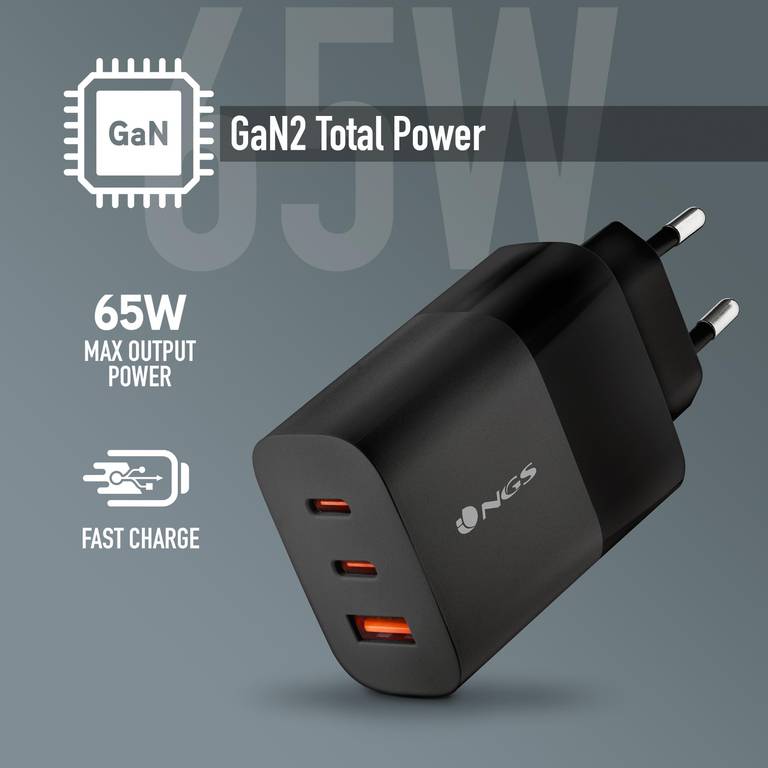 NGS Bud 65W – Cargador GAN de Pared 65W, 3 Puertos: 2 USB-C + USB-A