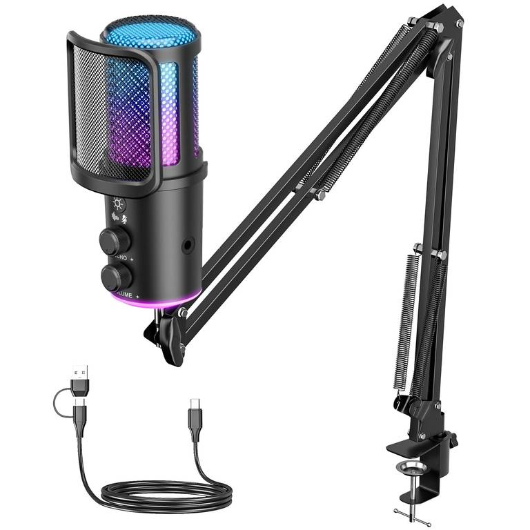 Kit de micrófono USB con brazo de brazo, condensador RGB con cancelación de ruido, ajuste de reverberación de botón de silencio