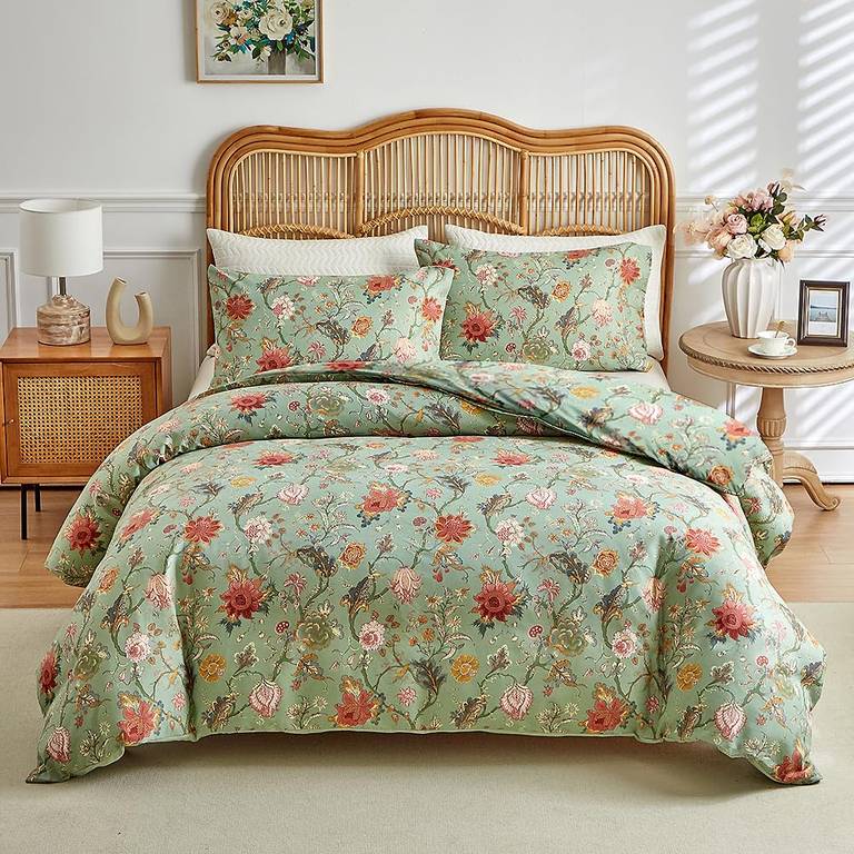 Juego de ropa de cama de 200 x 220 cm, serie de plantas con cremallera, diseño de flores, color verde, funda nórdica de 200 x 220 cm