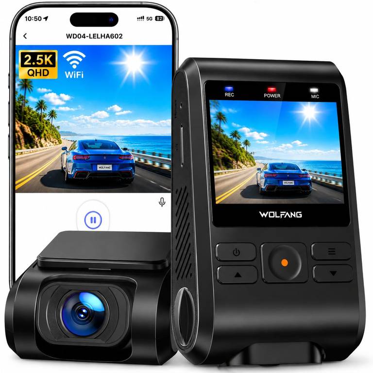 Dashcam Coche WOLFANG 2.5K FHD Doble Lente (Gran angular 170°, monitor aparcamiento 24h, sensor G, grabación en bucle)