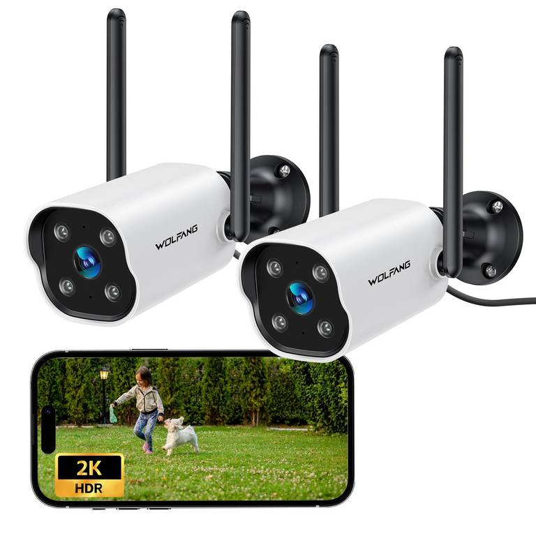WOLFANG Camara Vigilancia WiFi Exterior, 2K con Visión Nocturna Color, Detección de Movimiento, Sirena, Audio Bidireccional, IP65, 2 Pack