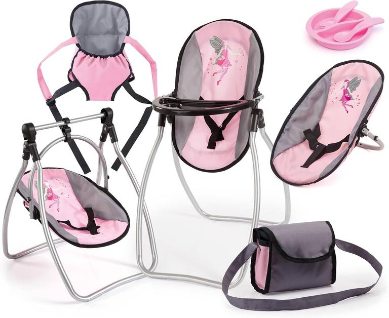 Bayer Design 63608AB Accesorios para muñecos Vario 9 en 1, trona, bolsa, portador, plato, cuchara, tenedor, gris, rosado (Reaco Como Neuvo)